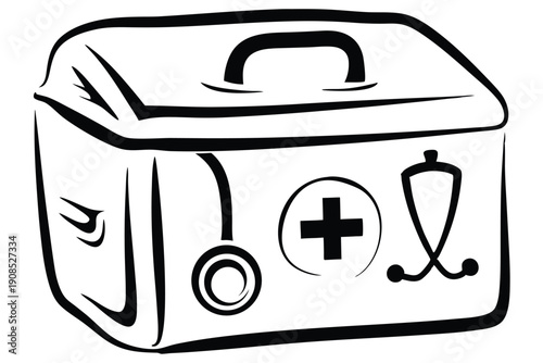 First Aid Box with Stethoscope Outline, Medical Cross Sign, Black and White