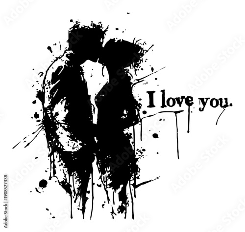 Romantic couple silhouette kissing with I love you text in grunge style