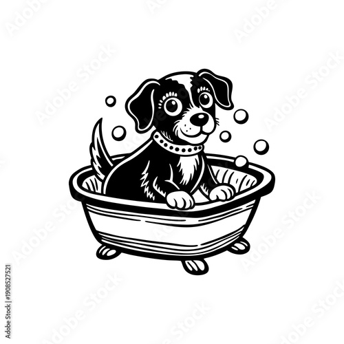 Cute cartoon puppy taking a bath in a tub with bubbles, black and white illustration.