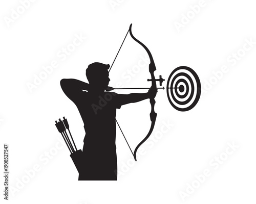 Silhouette of Archer Aiming Bow and Arrow at Target on White Background