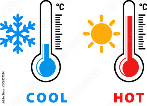 Comparing hot and cool temperature readings using Celsius thermometers icons