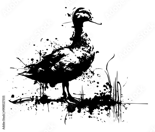 Wild duck standing by reeds with artistic ink splatter effects