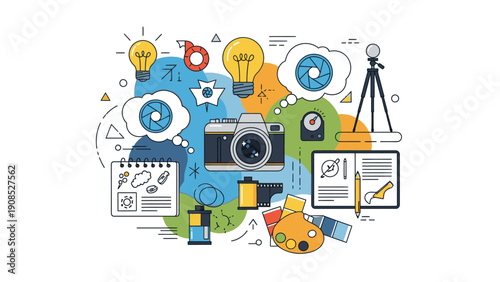 Colorful flat lay of various creative tools and objects for art and design on a white background with a vibrant and artistic mood.