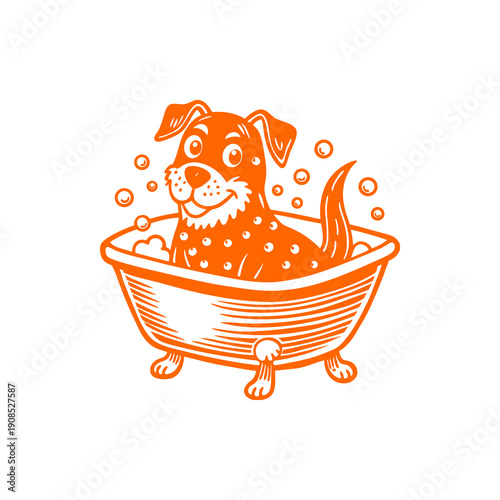 Cute orange cartoon dog taking a bubbly bath in a vintage-style clawfoot tub, happy and clean.