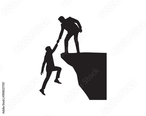 Silhouette of One Person Helping Another Climb Up a Cliff Edge Against a White Background