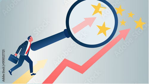 Businessman analyzing rising graph with magnifying glass and stars