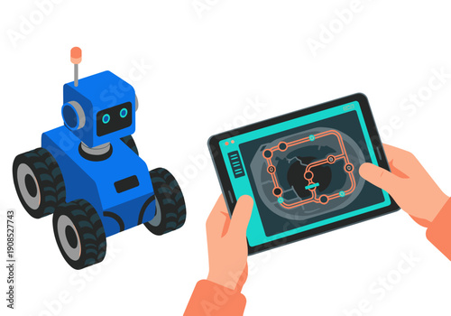 A blue robot navigates a tunnel displayed on a tablet. Hands control the robot's path, showcasing robotic tunnel data. Modern, digital, and illustrative.