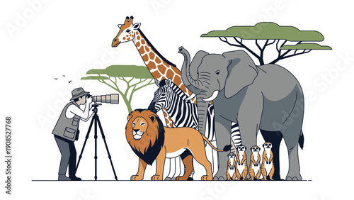 Illustration of a man photographing a diverse group of African savanna animals including a giraffe, elephant, zebra, and lion with acacia trees in the background against a white backdrop.