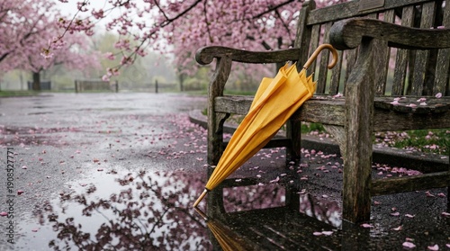 Ombrello giallo chiuso appoggiato a una panchina di legno nel parco sotto la pioggia. Generative AI
