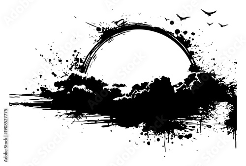 Grunge sunset landscape with flying birds and black ink splatter clouds