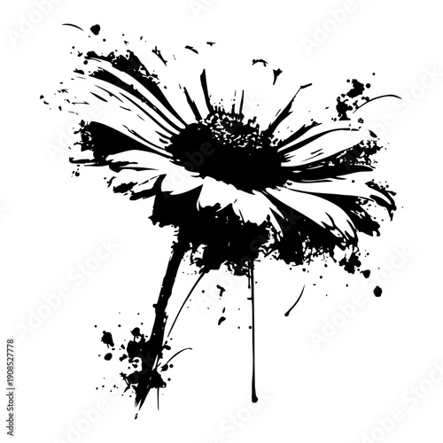 Abstract black grunge flower illustration with ink splatters and drips
