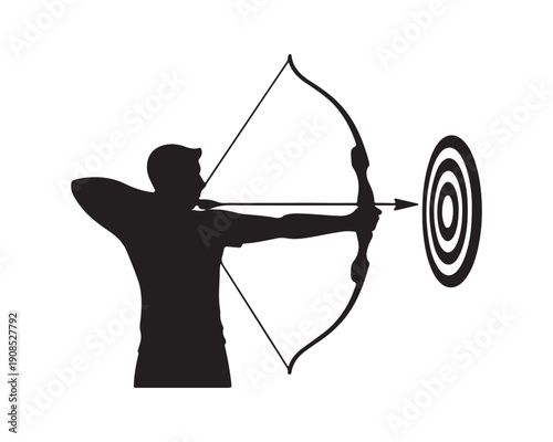 Silhouette of Archer Shooting Arrow Towards Target on White Background