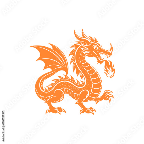 A stylized orange dragon breathing fire, depicted in a traditional East Asian art style.