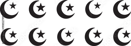 Crescent moon and star icon set vector for islamic symbols, ramadan, eid and night sky design.