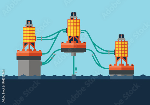 Illustrative offshore buoy monitor system design. Three buoys connected by cables, showcasing a modern, technical visual. Ideal for technology, energy, and marine themes.