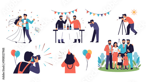 A vibrant flat lay illustration of people celebrating and taking photos with colorful balloons and festive decorations on a white background.