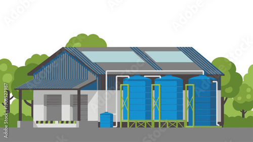 Industrial water harvest hub illustration. Modern building with large tanks, showcasing sustainable water management. Clean, professional design for commercial use.