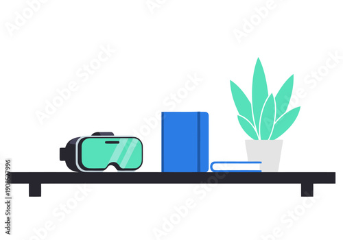 Minimalist workspace featuring VR goggles, a book, and a potted plant on a shelf. Clean, modern design. Ideal for productivity and tech themes.