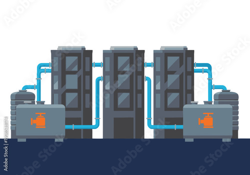 stylized illustration depicts a commercial water reuse system  Modern geometric tanks connect with pipes showcasing a sustainable water management solution Clean lines and a blue color scheme