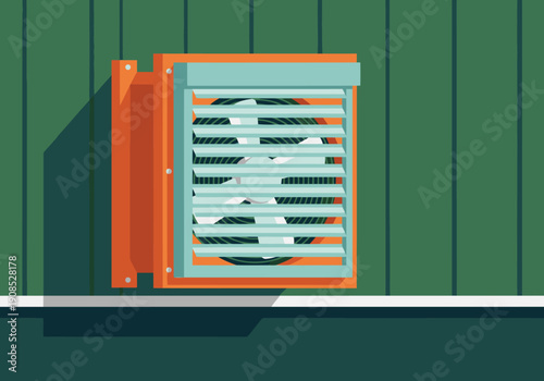 A stylized illustration depicts a poultry farm exhaust fan with a vibrant orange frame and a green background. Clean, graphic design for commercial use.