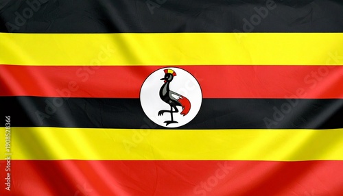Free Download Uganda national flag with six horizontal stripes black, yellow, red repeated, central white circle featuring grey crowned crane standing on one leg, symbol of national pride and identity. - GFXLoad