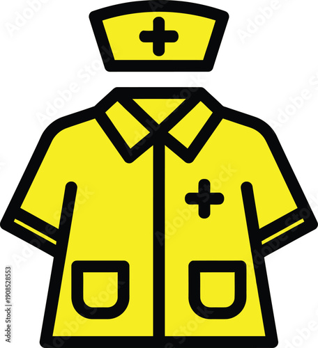 Illustration of a nurse wearing a bright yellow medical uniform with pockets and cap