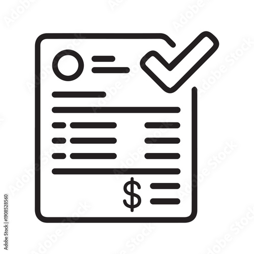 A professional line icon representing a successfully processed financial invoice or payment receipt with a checkmark indicating verification and approval.