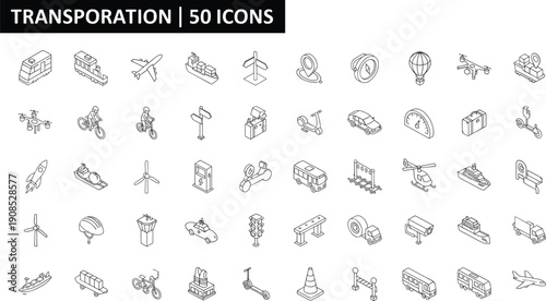 Transportation Icons Set: A comprehensive collection of 50 transportation icons, showcasing a diverse range of vehicles and infrastructure elements for navigation.