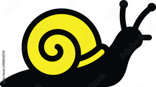 A playful cartoon snail with a bright yellow shell and black body moving forward