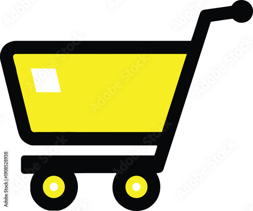 A bright yellow shopping cart with black handle and wheels ready for use