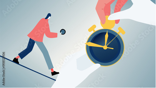 Person balancing on tightrope with clock in hand, symbolizing time management