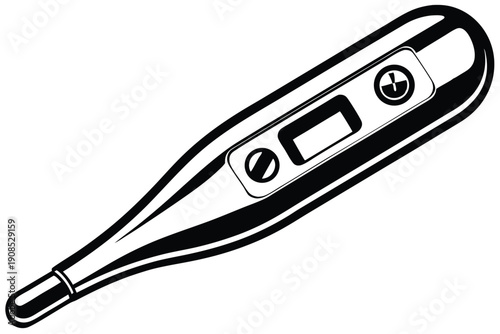 Black and White Digital Thermometer Clip Art, Medical Equipment Illustration, Outline Design