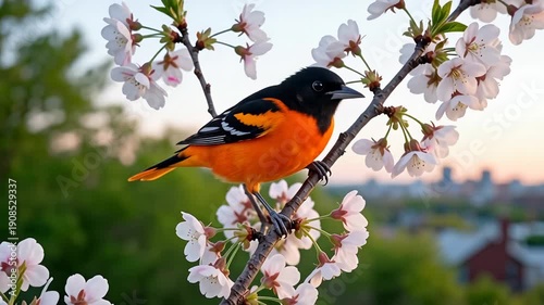 Closeup of vibrant orange and black bird perched on cherry blossom branch with city skyline in spring