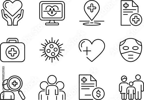 Healthcare icons, medical symbols, heart care, diagnostics, hospital location, medical records, first aid kit, virus icon, family health, community care