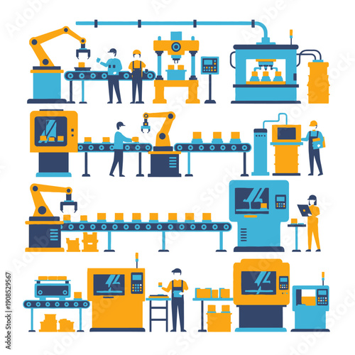 Automated Factory Production Line with Robots and Workers