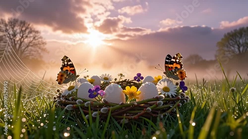 Easter egg wreath with daisies buttercups and butterflies in morning dew on grassy field at sunrise