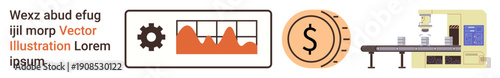 Technology, manufacturing, data analysis, financial systems, production efficiency, business. Gear and data graph, currency icon and manufacturing process. Technology and manufacturing concept