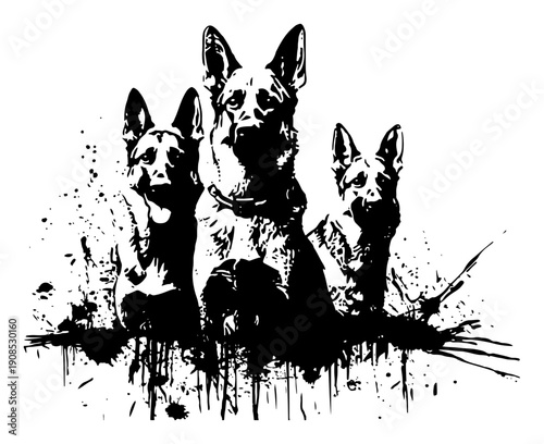 Portrait of three German Shepherd dogs sitting together in black ink splash style