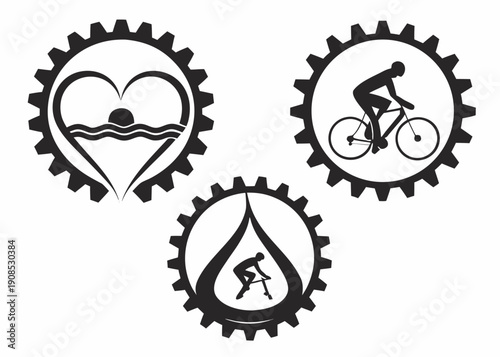 Triathlon sport icons in gear wheels for fitness and endurance