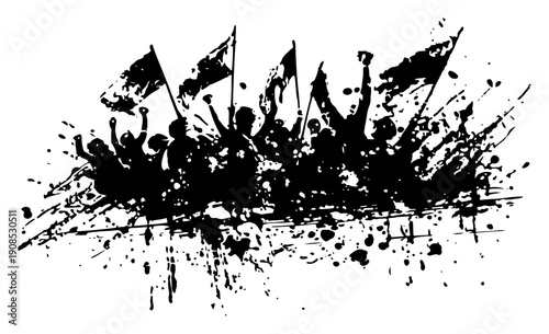 Silhouette of a protesting crowd waving flags in grunge ink style