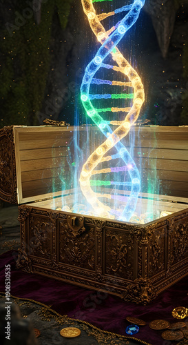 Glowing DNA Helix Emerging from Treasure Chest.