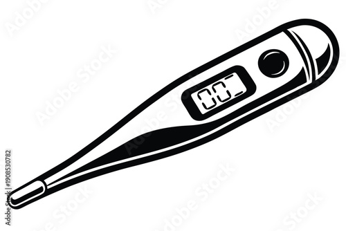 Monochrome Medical Thermometer Digital Display, Health Check, Isolated on White, Cutout