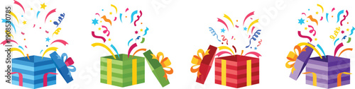 Colorful vector illustration of four open gift boxes bursting with confetti and ribbons, perfect for celebrations, birthdays, holidays, promotions, graphics.