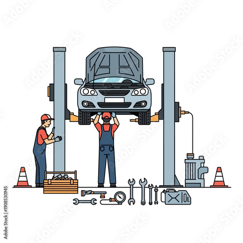Car repair service: mechanics working on vehicle lifted on hydraulic car lift with tools
