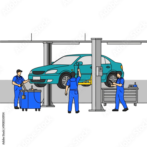 Car Repair Service: Mechanics Working on Vehicle Lift in Auto Workshop