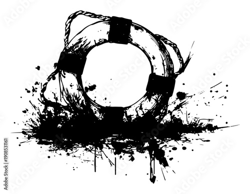 Detailed black ink illustration of a nautical lifebuoy ring with ropes