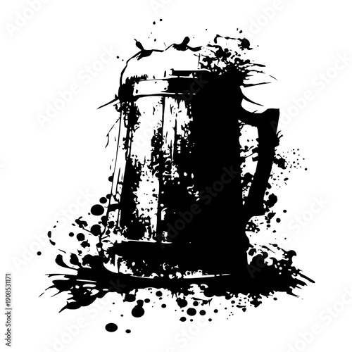 Artistic black ink splash illustration of a large beer mug