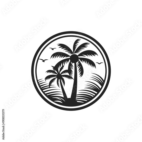 Black and White Palm Trees Silhouette Circle with Birds and Waves