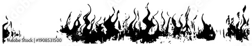 Artistic horizontal border of burning fire flames in black ink style