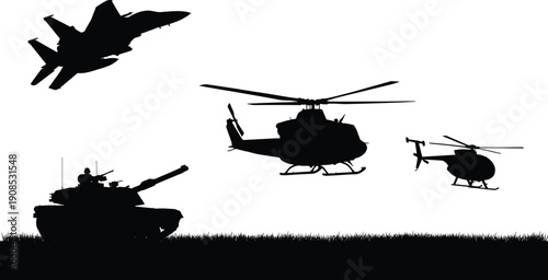 Military vehicles silhouette scene featuring fighter jet, helicopters and tank in combat formation, modern army aviation and ground forces illustration isolated on white background